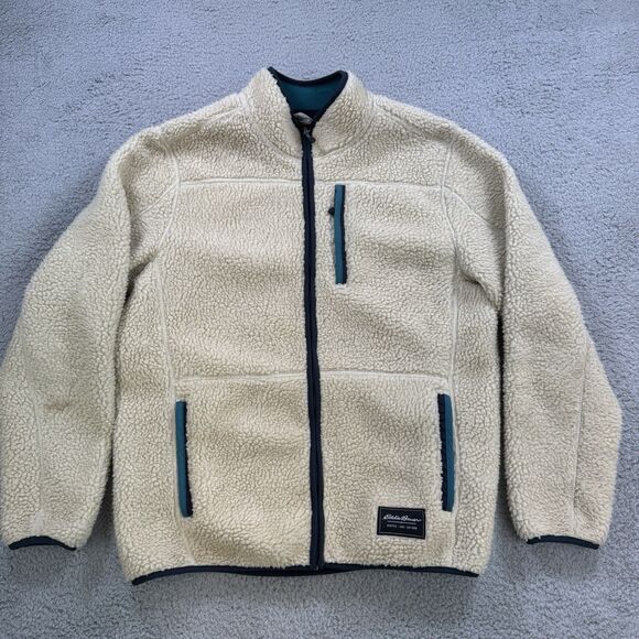 Eddie Bauer Jacket Mens M Beige Sherpa Full Zip Mock Neck Classic Outdoor - Picture 1 of 9